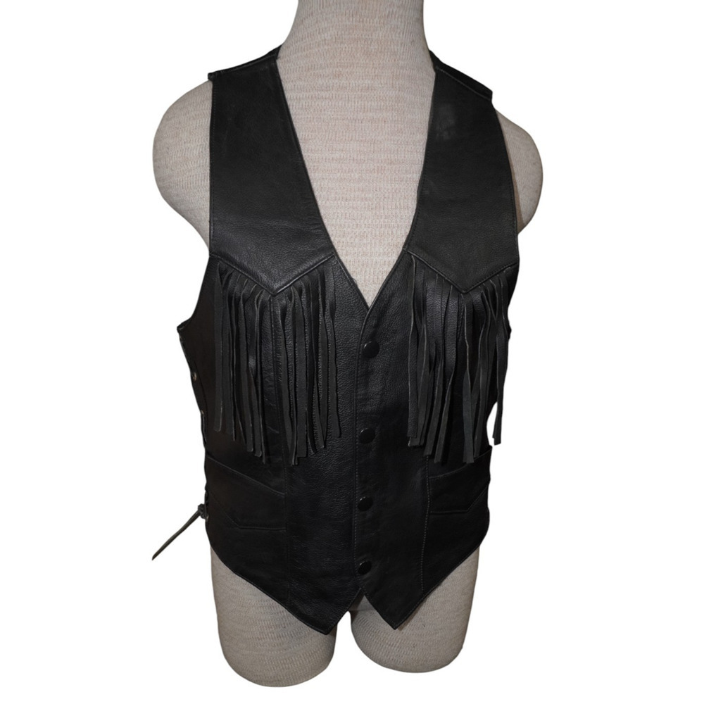 Vintage Black Leather Fringe Biker Vest Men’s M/L — Western Motorcycle Side Lace